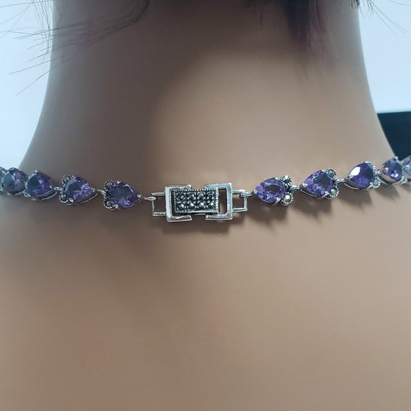 LUXURY STERLING SILVER MARCASITE AND AMETHYST NECKLACE - Picture 5 of 7